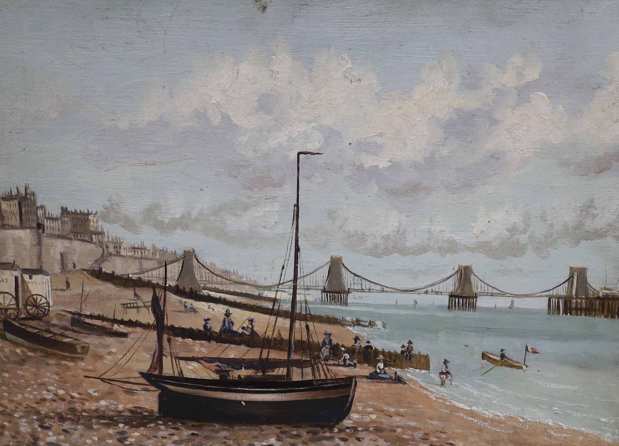 Arthur Percival (19th. C), pair of oils on canvas board, ‘Brighton showing the West Pier, sunset’ and ‘Brighton showing Kemp Town, The Old Chain Pier’, each signed and dated 1887, inscribed verso, unframed, 25 35cm